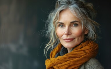 Wall Mural - A woman with gray hair and a scarf on her neck. She is smiling and looking at the camera