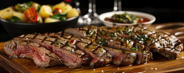 Wall Mural - Grilled steak with herbs, accompanied by vegetables and sauce, served on a wooden board for a delicious meal presentation.