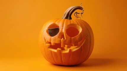 Poster - Pumpkin with eye patches on orange backdrop ideal for skincare and Halloween themes