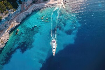 Wall Mural - Aerial view of a boat cruising on clear blue waters along a rocky coastline, offering a stunning contrast between the sea and the shore.