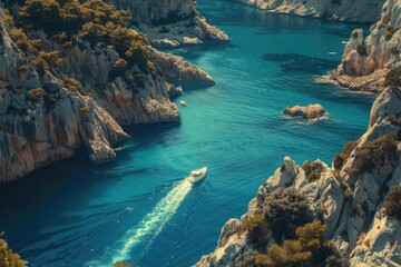 Wall Mural - A small boat cruises through the turquoise waters surrounded by rocky cliffs and lush greenery of a tranquil coastal canyon.