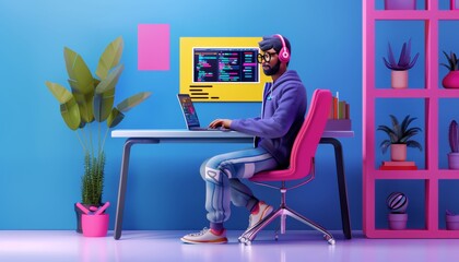 3D Illustration Of A Programmer Sitting With His Laptop Working For Development, Soft Pop Cartoon, 3D Character Icon, Technology Concept