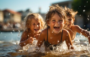 Wall Mural - Three children are playing in the water, laughing and splashing each other. Scene is joyful and playful