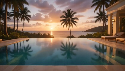 Wall Mural - Illustrate a tropical sunset with an infinity pool extending towards the ocean, the water glistening under the last light of the day, surrounded by lush palm trees.
