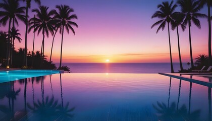 Wall Mural - Illustrate a tropical sunset with an infinity pool extending towards the ocean, the water glistening under the last light of the day, surrounded by lush palm trees.