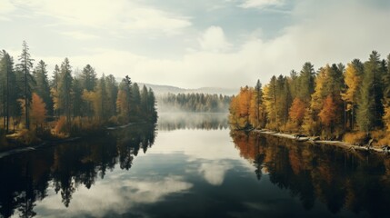 Wall Mural - A tranquil drone shot of an autumn forest reflecting in the still waters of a lake, as sunlight filters through the mist-laden trees.