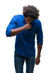 Poster - Afro american man over isolated background feeling unwell and coughing as symptom for cold or bronchitis. Healthcare concept.