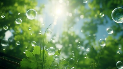 Aufkleber - Abstract air bubbles floating against a backdrop of lush green foliage and vibrant sunbeams.