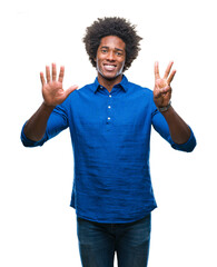 Sticker - Afro american man over isolated background showing and pointing up with fingers number eight while smiling confident and happy.