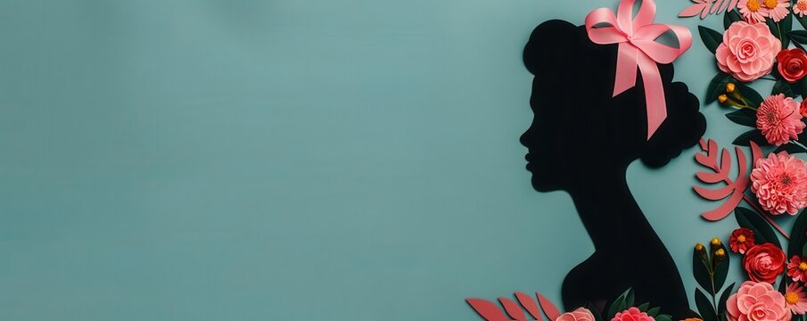Silhouette of woman with pink ribbon and flowers, awareness illustration