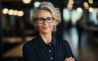 Wall Mural - A woman wearing glasses and a black shirt is smiling for the camera. She is standing in a room with a lot of light and a few other people in the background