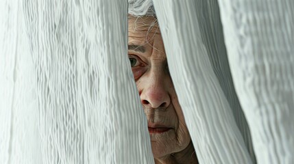 Wall Mural - An elderly woman looks out from behind a white curtain. A piercing look with beautiful eyes.