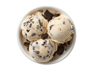 Cookies and cream ice cream in a bowl, top view, isolated on transparent background