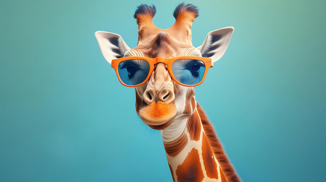 Colorful giraffe with sunglasses on blue background