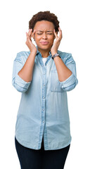 Sticker - Young beautiful african american woman over isolated background with hand on head for pain in head because stress. Suffering migraine.