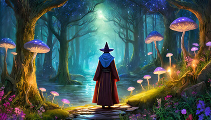 Wall Mural - Wizard with mushrooms in the mystical forest at night, illustration.