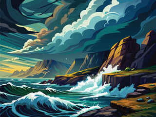 Wall Mural - A dramatic seascape with crashing waves against rocky cliffs under a stormy sky, The waves are powerful and turbulent, creating a moody and atmospheric scene, cartoon illustration vector background