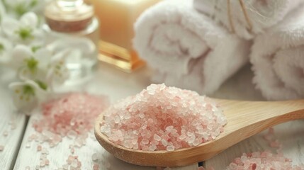 Sticker - Close up of pink sea salt on a wooden spoon with white towel and soap in background Selective focus on body care