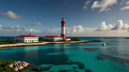 Wall Mural - The Nassau lighthouse and tourist resorts offer a glimpse into the city's attractions, Bahamas.