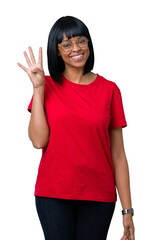 Sticker - Beautiful young african american woman wearing glasses over isolated background showing and pointing up with fingers number four while smiling confident and happy.