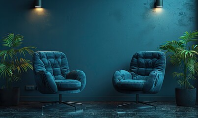 Podcast or interview setup with two chairs and microphones on a dark background, offering ample space for media conversations or streaming concepts. illustration images