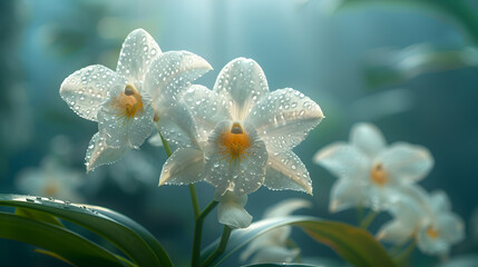 Sticker - Dew-Kissed White Orchids in Soft Morning Light with Green Leaves and Blurred Background