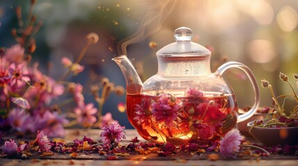 Steaming Glass Teapot with Pink Flower Tea in a Romantic Setting