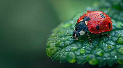 Sticker - Close-Up of a Ladybug on a Leaf with Water Droplets in a Natural Green Background