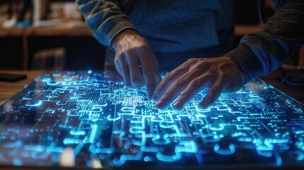 A programmer pieces together lines of code like puzzle pieces, a completed program image appearing on the screen