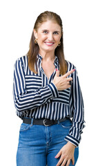 Poster - Middle age mature business woman over isolated background cheerful with a smile of face pointing with hand and finger up to the side with happy and natural expression on face