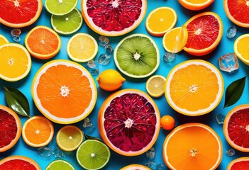 Wall Mural - vibrant fruit slices floating clear fresh citrus tropical fruits colorful healthy food concept, liquid, refreshing, juicy, bright, ripe, exotic, sweet, yellow