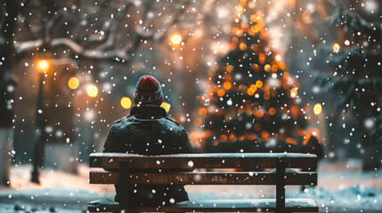 A man sits on a bench and looks at a Christmas tree in the snow