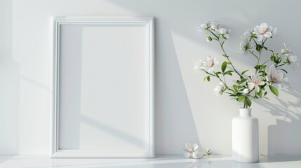 Empty white frame with floral decorations alongside a white wall
