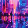 © Ai-Pixel - Vibrant futuristic cityscape with neon lights and silhouettes of people walking in a modern urban environment at night.