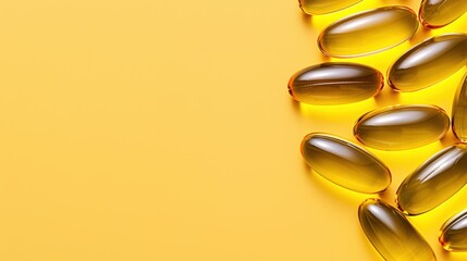 Wall Mural - Omega-3 vitamins pills, fatty acids. Fish oil in yellow capsules on a yellow background