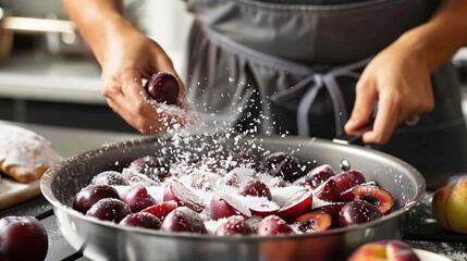 Wall Mural - Woman Sprinkling Coconut Sugar on Sliced Plums for Homemade Plum Galette Cooking Scene Stock Photo