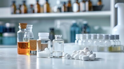 Chemical ingredients displayed on lab table Cetyl Esters Wax and Ferrous Sulfate in vial