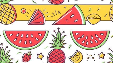 Vibrant Summer Fruits Pattern with Watermelon,Pineapple and Lemon in Geometric Layout