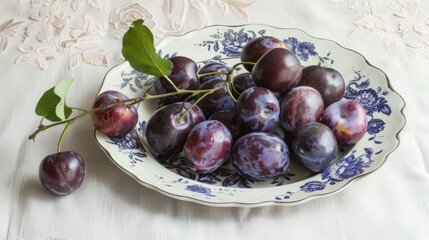 Wall Mural - Fresh Plums Served on a Stylish Ceramic Plate on a Wooden Table