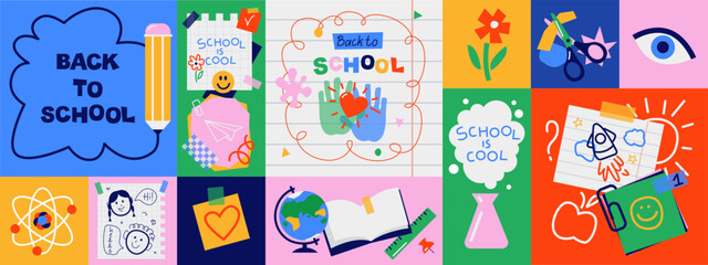 Back to school cards, backgrounds set. Simple flat style education icons, symbols, doodles. Art collage, papers, hand drawn design elements. Bright colorful school subjects conept.