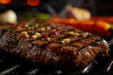 Poster - Juicy grilled steak with garlic and herbs, accompanied by roasted vegetables, perfect for a delicious gourmet meal.
