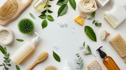 Eco-friendly products for home cleaning, zero waste lifestyle, flat lay on a white background