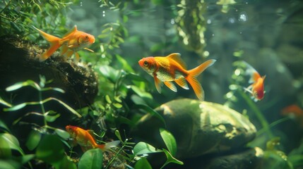 Fish In Aquarium. Closeup of Goldfish Swimming Near Green Plants and Rock