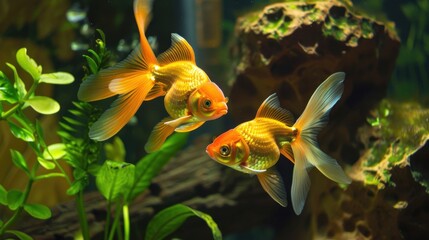 Fish In Aquarium. Close-up of Goldfish Swimming Among Green Plants