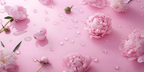 Wall Mural - Pink peony flowers and buds of different sizes gently floating on a pink surface. Concept Floating Peony Blossoms, Pink Floral Display, Delicate Petals, Tranquil Water Reflections
