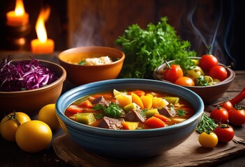 Wall Mural - steaming bowl nourishing stew fresh comforting homemade meal concept, hearty, ingredients, food, delicious, warm, nutritious, tasty, cooked, vegetable, meat