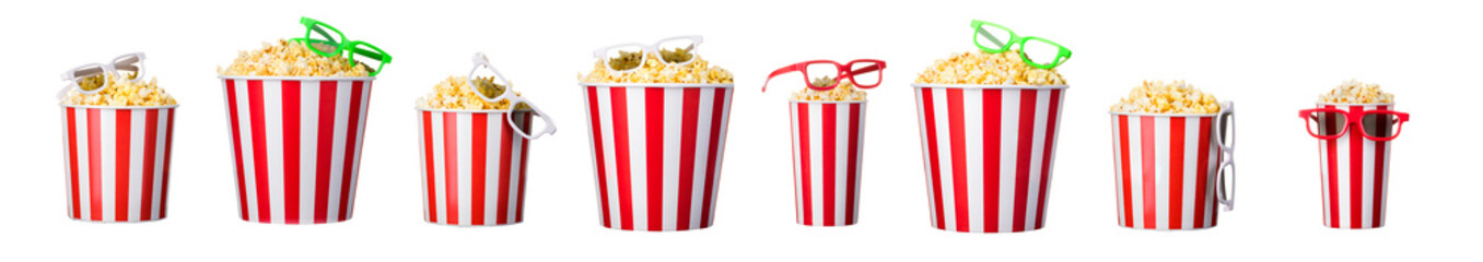 Wall Mural - Paper striped bucket with popcorn and 3D glasses isolated on white background