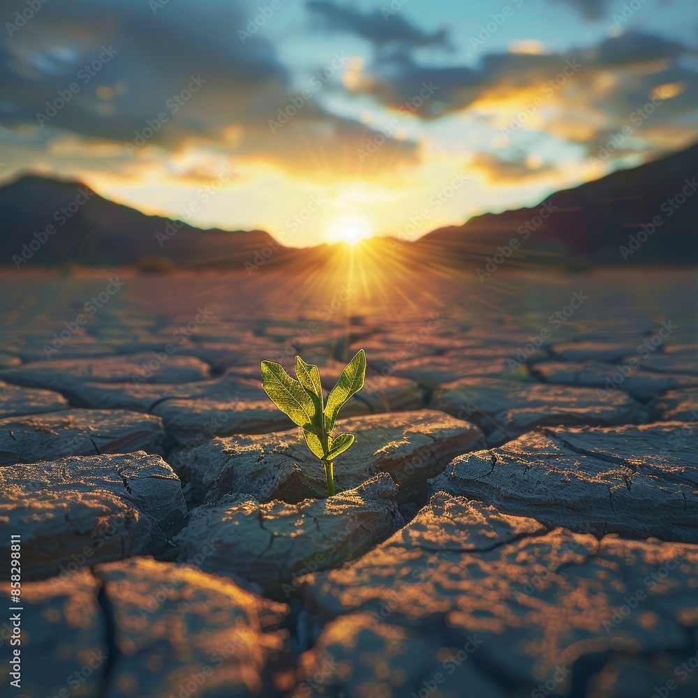 A young green sprout makes its way through the cracked soil against the ...