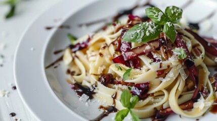 Wall Mural - Delicious Pasta Dish with Radicchio and Balsamic Dressing on Plate Stock Photo