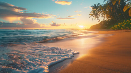 A serene tropical beach at sunset with gently lapping waves and palm trees swaying in the breeze